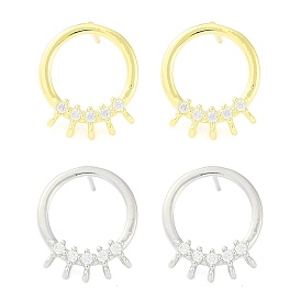 Brass Pave Clear Cubic Zirconia Stud Earring Findings, Cadmium Free & Nickel Free & Lead Free, with Loop, Round Ring