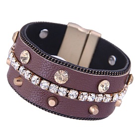 Chic and Elegant Magnetic Clasp Leather Bracelet with Sparkling Rhinestones