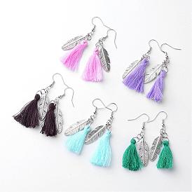 Cotton Thread Dangle Earrings, Tassel Earrings, with Tibetan Style Alloy Pendants, Feather