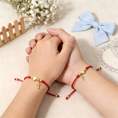 2 шт. Браслеты для пары из латуни с подвесками в виде сердца и креста, регулируемые браслеты из плетеного волоконного шнура, золотые, с открытки