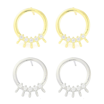 Brass Pave Clear Cubic Zirconia Stud Earring Findings, Cadmium Free & Nickel Free & Lead Free, with Loop, Round Ring