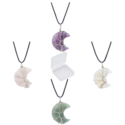 4 piezas 4 colgantes de piedras preciosas naturales y sintéticas de estilo, con fornituras de latón de platino, luna creciente, con 4 piezas de fabricación coreana de collar de cordón de poliéster encerado, con broches de aleación