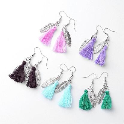Cotton Thread Dangle Earrings, Tassel Earrings, with Tibetan Style Alloy Pendants, Feather