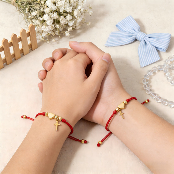 2 шт. Браслеты для пары из латуни с подвесками в виде сердца и креста, регулируемые браслеты из плетеного волоконного шнура, золотые, с открытки