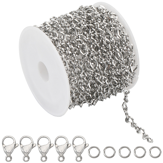 Набор для самостоятельного изготовления ожерелья из цепочки и браслета, включая 304 цепи с витыми звеньями из нержавеющей стали, соединительные кольца и застежки-карабины