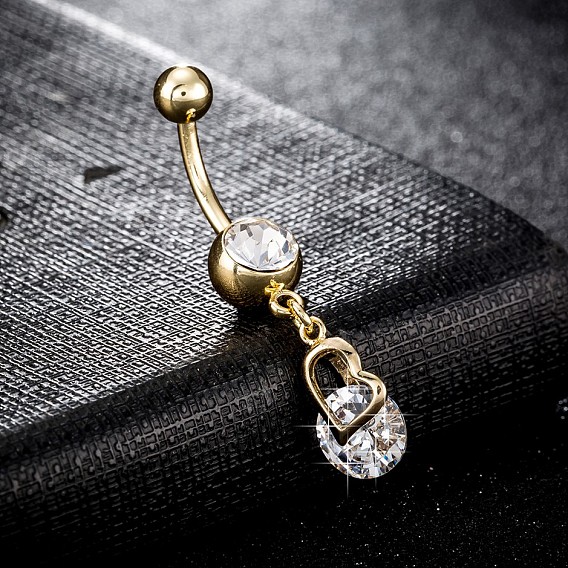 Пирсинг украшения, латунное кольцо пупка с фианитом, кольца живота, со штангой из хирургической нержавеющей стали, без кадмия и без свинца, сердце