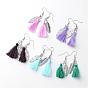 Cotton Thread Dangle Earrings, Tassel Earrings, with Tibetan Style Alloy Pendants, Feather