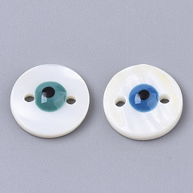 Freshwater Shell Links Connectors, with Enamel, Flat Round with Evil Eye