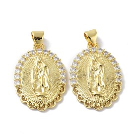 Brass Cubic Zirconia Pendants, Long-Lasting Plated, Real 18K Gold Plated, Oval with Virgin Pattern