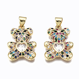 Brass Micro Pave Clear Cubic Zirconia Pendants, Inlay Bear Shape Charms, Cadmium Free & Nickel Free & Lead Free, Real 16K Gold Plated