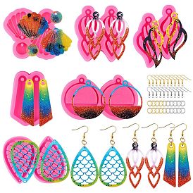 6Pcs DIY Pendant Silicone Molds, Resin Casting Molds, For UV Resin, Epoxy Resin Jewelry Making, with 20Pcs Iron Open Jump Rings and 20Pcs Earring Hooks, Leaf & Teardrop & Shell & Semi-sphere