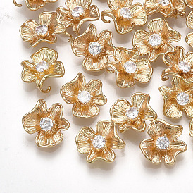 Brass Cubic Zirconia Charms, Flower, Clear, Real 18K Gold Plated