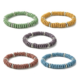 Плоские круглые эластичные браслеты из окрашенного натурального камня лавы для женщин, расшитые бисером