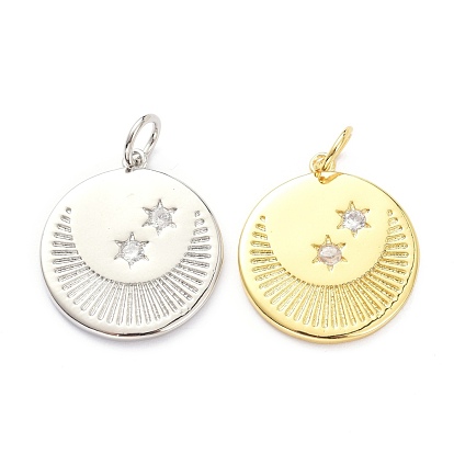 Латунные микропаве прозрачные подвески с фианитом, с целью перехода в кольце, долговечный, Плоский круглый с луной и звездой