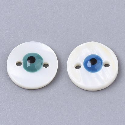 Freshwater Shell Links Connectors, with Enamel, Flat Round with Evil Eye