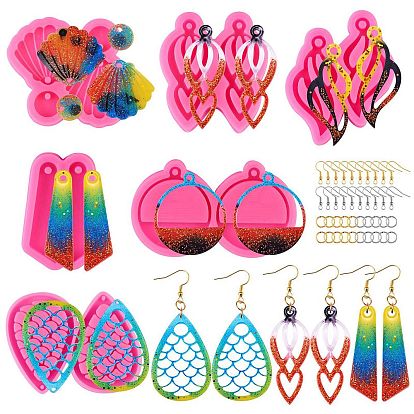 6 piezas de moldes de silicona para colgantes diy, moldes de resina, para resina uv, fabricación de joyas de resina epoxi, con anillas abiertas de hierro y ganchos para pendientes, hoja y lágrima y concha y semiesfera