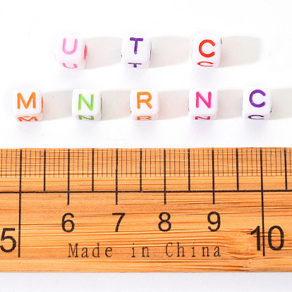 White Opaque Acrylic Beads, Cube with Mixed Color Letters
