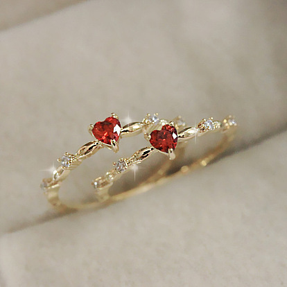 Red Cubic Zirconia Heart Finger Ring, Romantic Brass Finger Ring