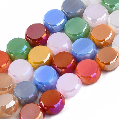 Electroplate Opaque Glass Beads Strands, AB Color Plated, Faceted, Flat Round