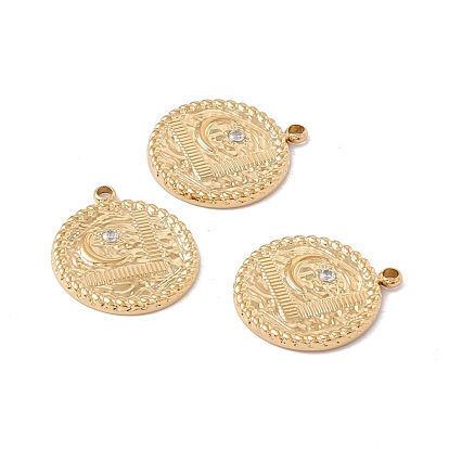 Ion Plating(IP) 304 Stainless Steel Pendants, with Rhinestones, Textured, Flat Round with Moon