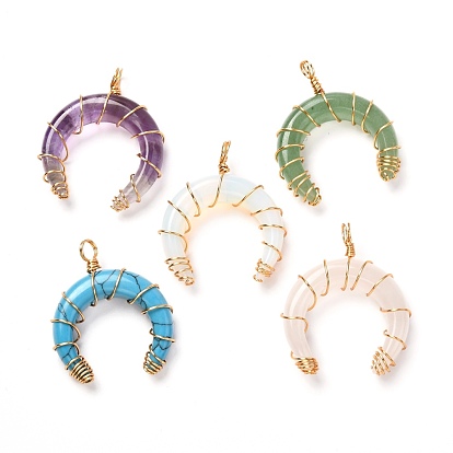 Pendentifs de pierres précieuses naturelles et synthétiques, avec du vrai fil de cuivre écologique plaqué or 18k, lune