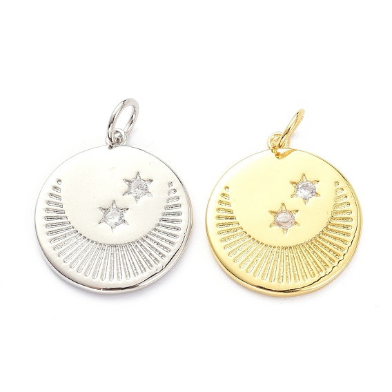 Латунные микропаве прозрачные подвески с фианитом, с целью перехода в кольце, долговечный, Плоский круглый с луной и звездой