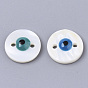 Freshwater Shell Links Connectors, with Enamel, Flat Round with Evil Eye