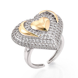 Латунные микропаве кубические цирконии регулируемые открытые манжеты кольца для женщин, без кадмия и без свинца, сердце