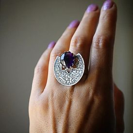 Retro purple gemstone ring Bohemian ethnic style carved flower fan-shaped index finger ring jewelry