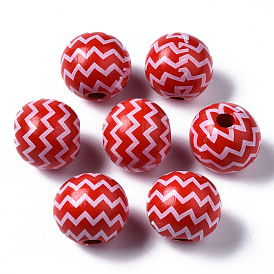 Painted Natural Wood European Beads, Large Hole Beads, Printed, Round with Wave