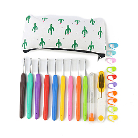 Kits de herramientas para tejer diy, incluyendo gancho y aguja de crochet, marcador de punto, tijera, bolsa de almacenamiento con cremallera y estampado de cactus