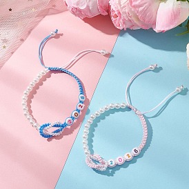 2шт. плетеные браслеты из бусин с имитацией жемчуга из АБС-пластика для женщин, круглый со словом 2026, с акриловой