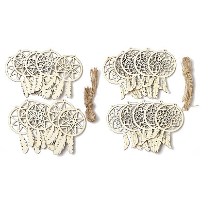 10шт. плетеная сетка/паутина с перьями незаконченные пустые деревянные подвески для живописи, пирография, домашнего декора, с джутовым шнуром