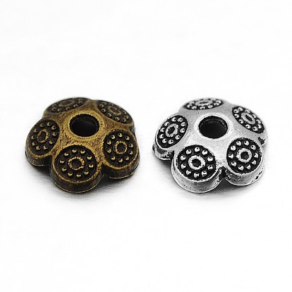 5-Petal Flower Tibetan Style Alloy Bead Caps, 8mm, Hole: 2mm
