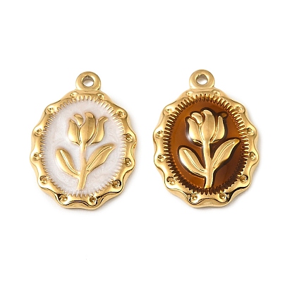 304 нержавеющей стальной эмали подвески, овал с цветочными подвесками, реальный 18 k позолоченный, ионное покрытие (ip)
