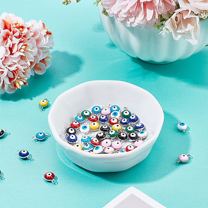 SUPERFINDINGS 48Pcs 8 Colors 925 Sterling Silver Plated Brass Enamel Connector Charms, Flat Round with Evil Eye