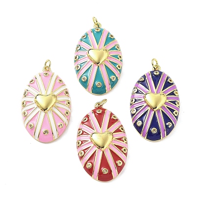 Овальные подвески с сердцем из латуни с микропаве и фианитами, с эмалью и кольцом для прыжков, стойки покрытие, долговечный, без свинца и без кадмия, реальный 18 k позолоченный