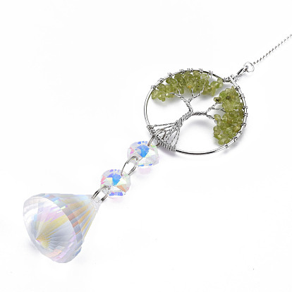 Natural Gemstone Big Pendants, with Platinum Brass Chain Extender and Findings, Plating Glass Teardrop & Flower, Clear AB Color, Flat Round with Tree of Life