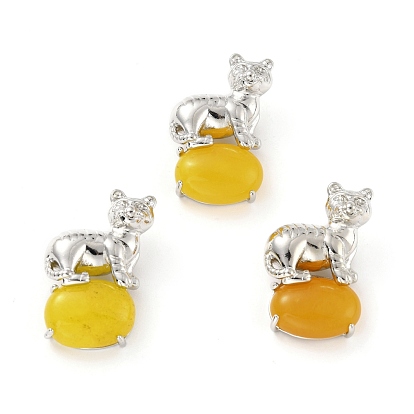 Natural & Synthetic Gemstone Tiger-Shaped Brass Pendants, Cadmium Free & Lead Free, Platinum