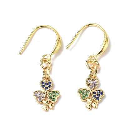 Colorful Cubic Zironia Clover Dangle Earrings, Rack Plating Brass Jewelry for Women