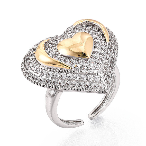 Латунные микропаве кубические цирконии регулируемые открытые манжеты кольца для женщин, без кадмия и без свинца, сердце