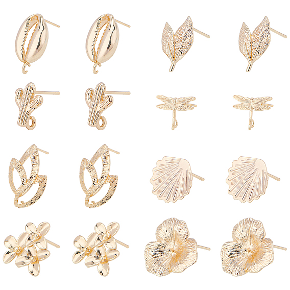 Brass Stud Earring Findings, with Loop, Mixed Shapes