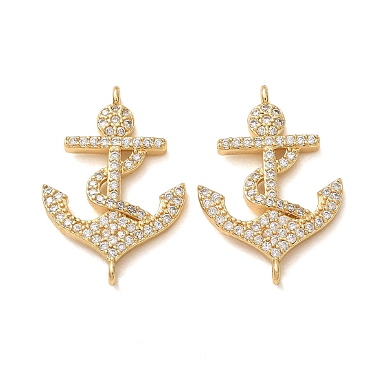 Brass Micro Pave Clear Cubic Zirconia Connector Charms, Anchor Links, Rack Plating, Long-Lasting Plated, Cadmium Free & Lead Free