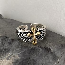Wing with Cross Alloy Open Cuff Ring