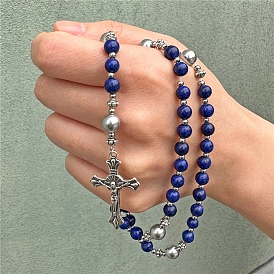 Cross Charm Wrap Style Bracelet, Natural & Synthetic Mixed Stone Rosary Beads Bracelet