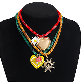 Подвеска в виде сердца и подсолнуха из сплава с эмалью, витой круглый хлопковый шнурок 3 многослойные ожерелья для женщин, золотые