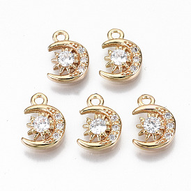 Brass Micro Pave Cubic Zirconia Charms, Light Gold, Long-Lasting Plated, Cadmium Free & Lead Free, Moon & Star