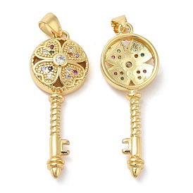 Brass Micro Pave Cubic Zirconia Pendants, Lead Free & Cadmium Free, Skeleton Key with Clover Charms