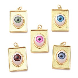 Brass Resin Pendants, Long-Lasting Plated, Real 18K Gold Plated, Rectangle with Eye