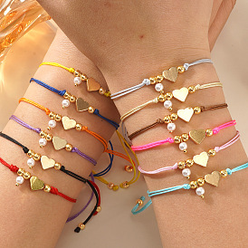12шт 12 цвета браслеты с подвесками из искусственного жемчуга, плетеные браслеты из латунных бусин для женщин, сердце, с вощеной шнур